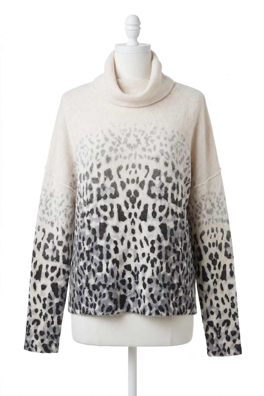 NEW VINTAGE HAVANA faded leopard cowl neck sweater in ivory/charcoal